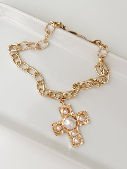 Paperclip Pearl Cross Necklace
